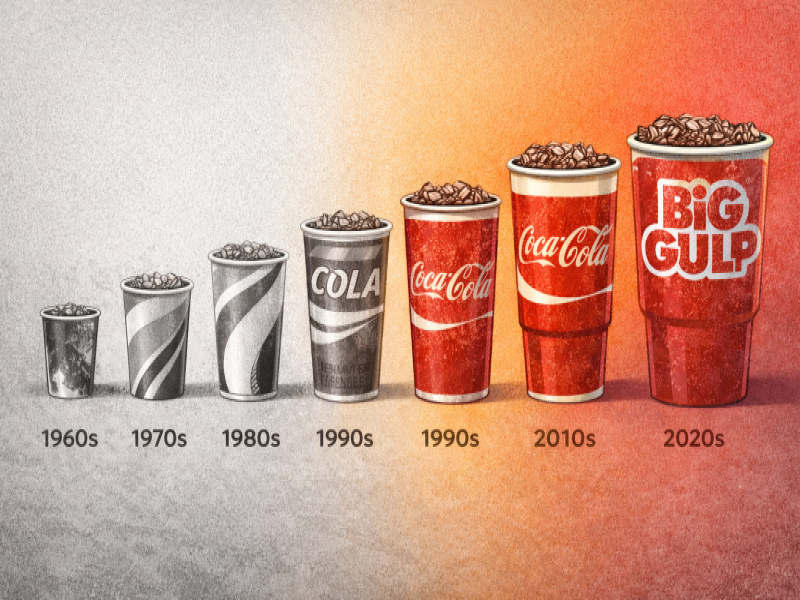 Timeline showing soft drink serving sizes growing larger over the decades