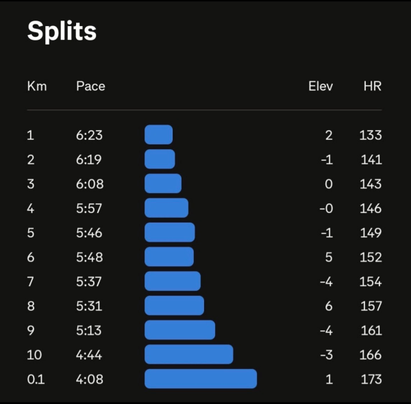 Damo's 10km negative split race build with kilometre splits
