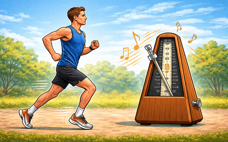 Brad Pamp running with a metronome graphic to illustrate cadence