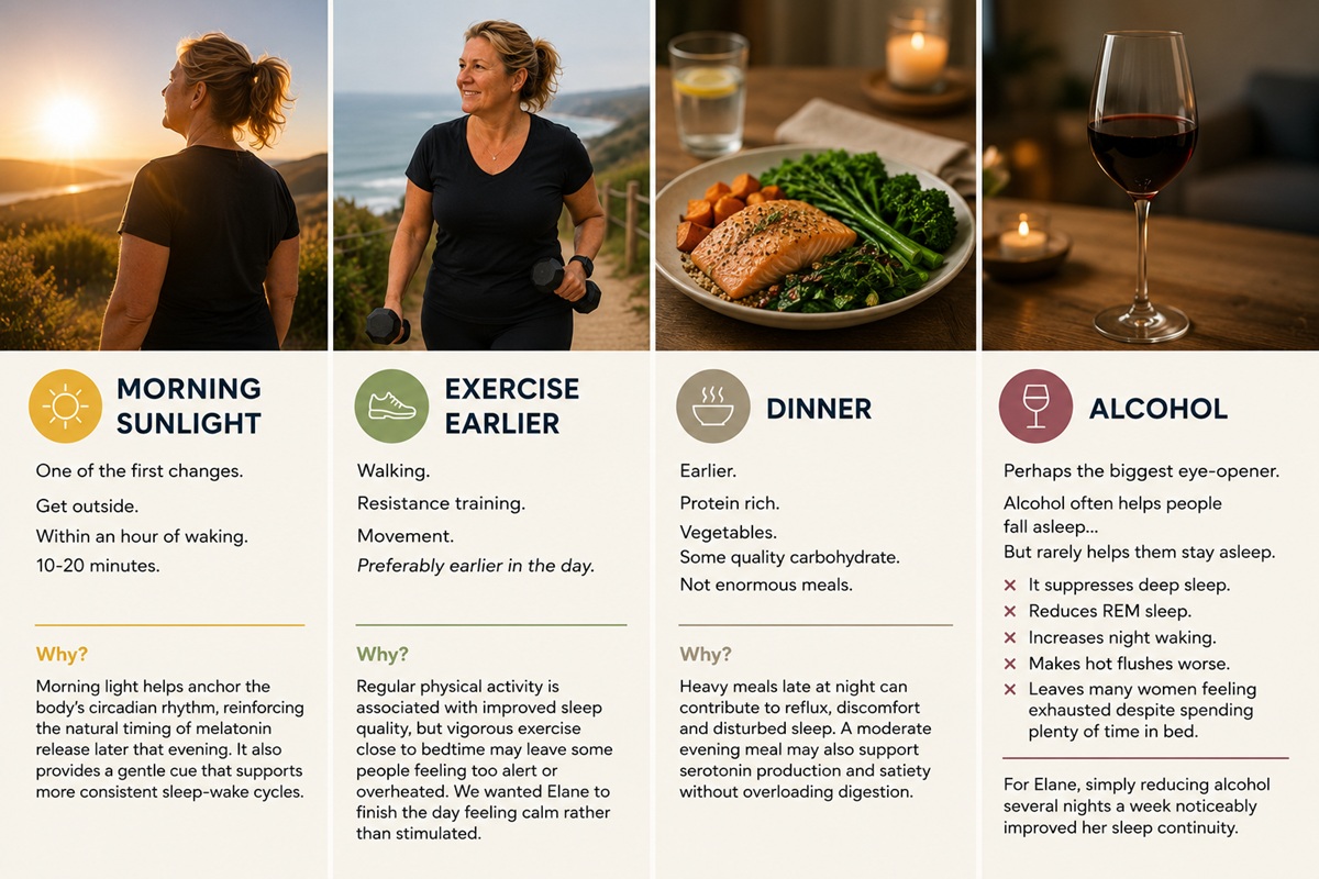 Elane sleep strategies including morning light, earlier exercise, dinner timing and reduced alcohol