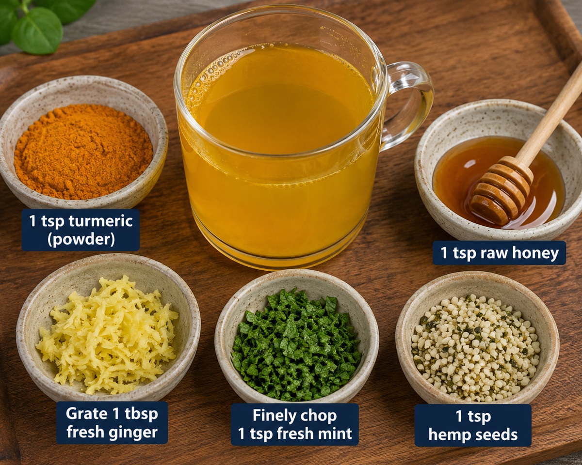 Turmeric ginger mint honey and hemp seed pre-sleep drink