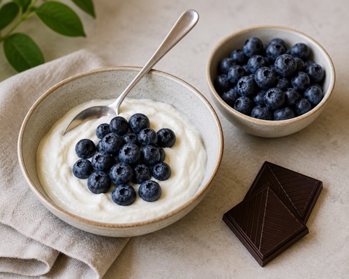 Greek yoghurt, blueberries and dark chocolate dessert