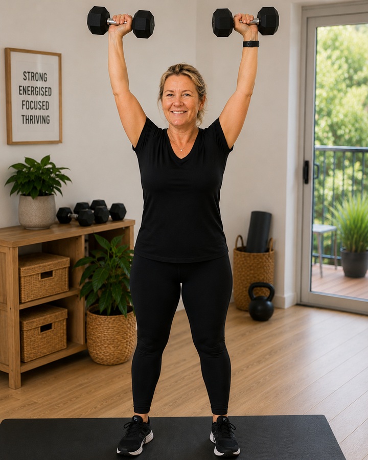 Elane performing a dumbbell overhead press during a home workout