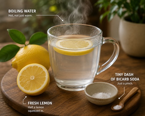 Warm water with lemon and a tiny dash of bicarbonate soda