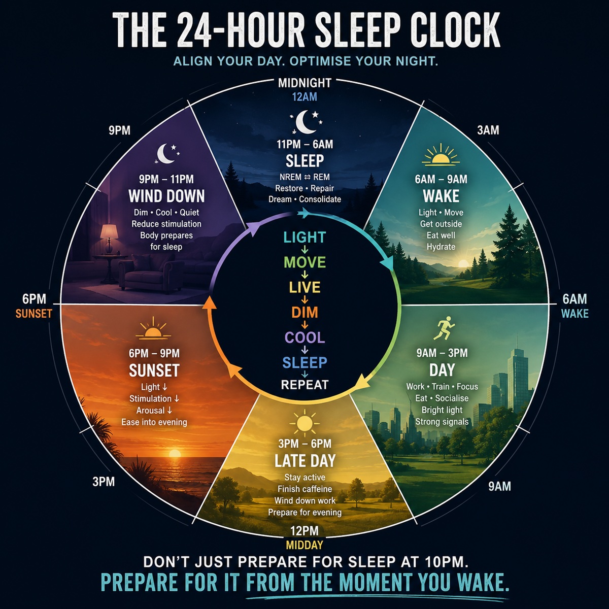 24-hour sleep clock showing morning, daytime, sunset, evening, night and sleep cycles