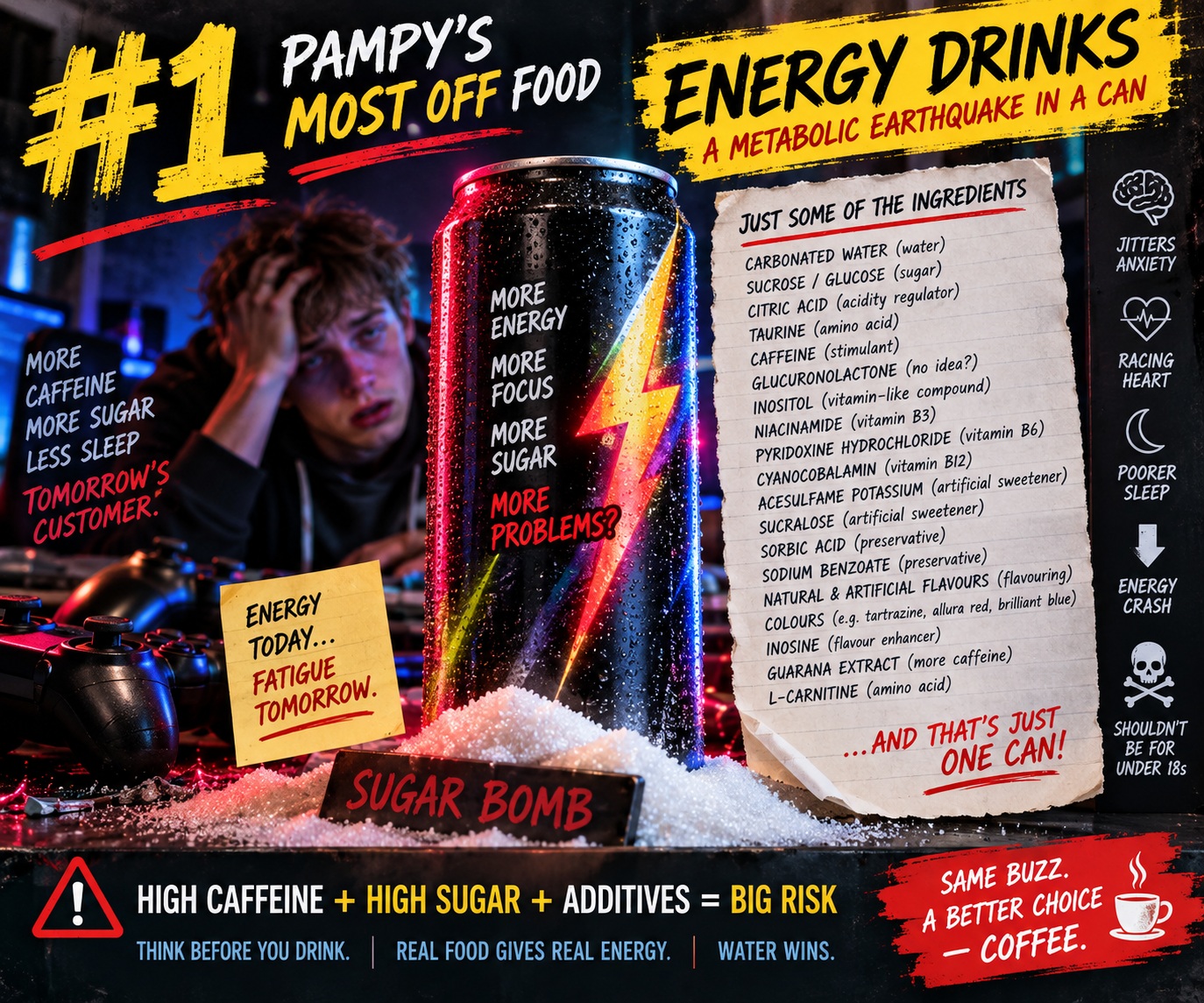 Energy drink with caffeine sugar and additives