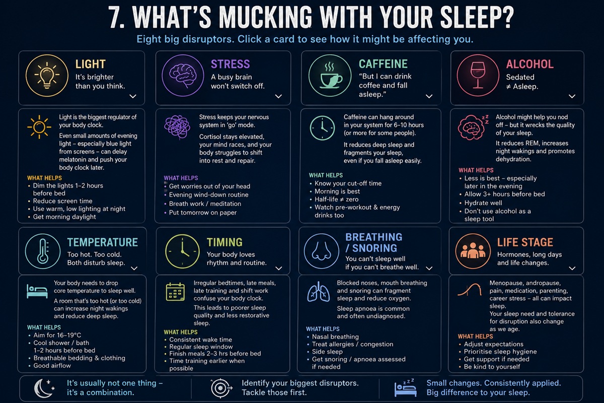 Common causes of poor sleep including light stress caffeine alcohol temperature timing breathing and life stage