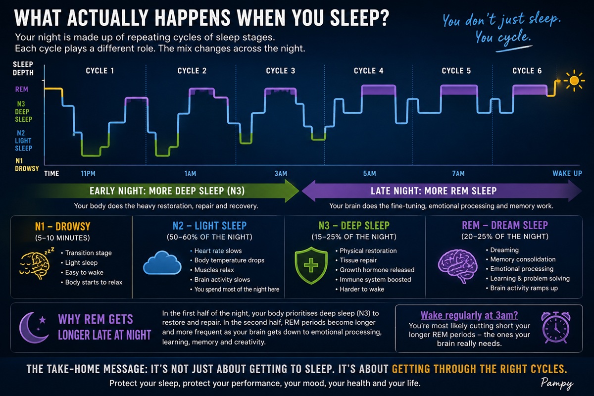 Sleep progression through N1, N2, N3 deep sleep and REM cycles across the night